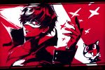  amamiya_ren black_hair cape cat colt-slowl grin looking_at_viewer mask morgana_(persona_5) persona persona_5 red red_eyes short_hair smile 