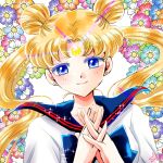 bangs bishoujo_senshi_sailor_moon blonde_hair blue_bow blue_eyes blue_sailor_collar bow closed_mouth colored_eyelashes crescent double_bun facial_mark floral_background flower forehead_mark hoshikuzu_(milkyway792) juuban_high_school_uniform long_hair looking_at_viewer own_hands_together parted_bangs sailor_collar school_uniform serafuku smile solo tsukino_usagi twintails upper_body 
