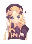  :t ? abigail_williams_(fate/grand_order) aiee bangs black_bow black_dress black_hat blonde_hair blue_eyes blush bow bug butterfly cake chair closed_mouth dress eating fate/grand_order fate_(series) food food_on_face forehead fork hair_bow hat head_tilt highres holding holding_fork insect long_hair long_sleeves looking_at_viewer on_chair orange_bow parted_bangs polka_dot polka_dot_bow simple_background sitting sleeves_past_fingers sleeves_past_wrists slice_of_cake solo very_long_hair wavy_mouth white_background 