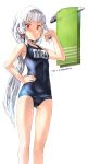  alternate_hairstyle ass_visible_through_thighs blue_swimsuit breasts covered_navel cowboy_shot hair_ribbon hand_on_hip headgear highres kantai_collection long_hair looking_at_viewer mundane_utility murakumo_(kantai_collection) name_tag old_school_swimsuit one-piece_swimsuit ponytail red_eyes ribbon sakura_(medilore) school_swimsuit short_eyebrows sidelocks silver_hair simple_background small_breasts solo standing swimsuit towel towel_rack tress_ribbon very_long_hair wet white_background 