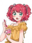  :o aqua_eyes bangs black_ribbon blush commentary cup dochizame-chan_(araburumochi) earrings eyebrows_visible_through_hair food food_on_face frilled_shirt frills hair_ribbon holding holding_cup holding_spoon ice_cream_cup jewelry jpeg_artifacts kurosawa_ruby lace lace-trimmed_shirt looking_at_viewer love_live! love_live!_sunshine!! nail_polish pink_nails red_hair ribbon shirt simple_background solo spoon two_side_up upper_body wavy_hair white_background yellow_shirt 