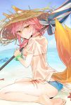  :&lt; animal_ears ass bangs bare_legs barefoot beach beach_umbrella bikini bikini_under_clothes blue_bikini blue_sky blush breasts brown_eyes closed_mouth day ears_through_headwear fate/grand_order fate_(series) fox_ears fox_girl fox_tail hair_between_eyes hat head_tilt highres horizon innertube looking_at_viewer looking_back medium_breasts ocean outdoors parasol pink_hair sand see-through shirt short_sleeves side-tie_bikini sitting sky smile solo starfish straw_hat sun_hat swimsuit tail tamamo_(fate)_(all) tamamo_no_mae_(swimsuit_lancer)_(fate) tomozero umbrella v-shaped_eyebrows wariza water wet wet_clothes wet_shirt wet_t-shirt white_shirt yellow_eyes 