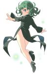  1girl ass black_dress breasts commentary_request curly_hair dress flipped_hair floating green_eyes green_hair medium_hair neneko-n one-punch_man side_slit small_breasts solo tatsumaki 