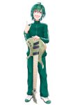  1other :d \m/ absurdres androgynous full_body green_hair green_jacket green_pants guitar guitaro_(yabasaki_taro) highres instrument jacket long_sleeves nijisanji open_mouth pants purple_eyes ryuushen shoes smile sneakers solo standing track_jacket track_pants track_suit virtual_youtuber white_background white_footwear 