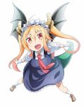  bangs black_wings blonde_hair blush breasts brown_footwear collared_shirt dot_nose dragon_girl dragon_tail dragon_wings dress eyebrows eyebrows_visible_through_hair full_body gloves hair_between_eyes highres kobayashi-san_chi_no_maidragon large_breasts legs_apart long_hair maid_headdress necktie open_mouth outstretched_arms pink_neckwear purple_dress scales shirt shoelaces shoes sidelocks simple_background slit_pupils socks solo tail teeth tom_(drpow) tongue tooru_(maidragon) twintails undershirt white_background white_gloves white_legwear white_shirt wings yellow_eyes 