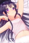  3: absurdres akatsuki_(kantai_collection) armpits arms_up bangs bare_arms bare_shoulders bed_sheet black_hat blush camisole closed_mouth collarbone covered_nipples dutch_angle dx_(dekusu) ear_blush eyebrows_visible_through_hair hair_between_eyes hand_up hat highres kantai_collection light_frown long_hair looking_at_viewer lying navel on_back panties pink_camisole purple_eyes purple_hair raised_eyebrows shiny shiny_hair solo spaghetti_strap stomach straight_hair twitter_username underwear underwear_only upper_body very_long_hair wavy_mouth white_panties 