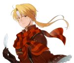  blonde_hair feathers fire_emblem fire_emblem:_monshou_no_nazo fire_emblem_heroes gloves headband jeorge_(fire_emblem) kyufe long_hair low_ponytail male_focus orange_eyes scarf solo white_background 