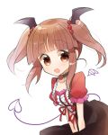  :d bangs black_choker blush brown_eyes brown_hair center_frills choker demon_tail drawn_tail drawn_wings dress eyebrows_visible_through_hair fangs frilled_sleeves frills head_wings idolmaster idolmaster_cinderella_girls leaning_forward looking_at_viewer miyuara ogata_chieri open_mouth red_ribbon ribbon short_sleeves sidelocks simple_background smile solo tail twintails white_background 