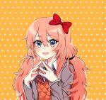  :d alternate_hair_length alternate_hairstyle blue_eyes blush bow commentary doki_doki_literature_club english_commentary eyebrows_visible_through_hair hair_between_eyes hair_bow long_hair looking_at_viewer open_mouth orange_background pink_hair polka_dot polka_dot_background red_bow savi_(byakushimc) sayori_(doki_doki_literature_club) school_uniform smile solo steepled_fingers upper_body 