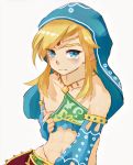  1boy androgynous bare_shoulders blonde_hair blue_eyes blush bridal_gauntlets closed_mouth collarbone crossdressing crying detached_sleeves gerudo_link groin hariyo highres jewelry link looking_at_viewer male_focus navel nipples revealing_clothes solo tears the_legend_of_zelda the_legend_of_zelda:_breath_of_the_wild toned toned_male 