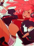  belt black_gloves black_jacket commentary crop_top curly_hair fingerless_gloves gloves green_nails headphones highres jacket kitkaloid long_hair looking_at_viewer nail_polish red_eyes red_hair ruby_(vocaloid) shoes shorts smile sneakers solo tan track_jacket vocaloid white_shorts 