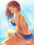  ass beach bikini blue_bikini blush breasts brown_eyes commentary day dutch_angle flower hair_flower hair_ornament heri houjou_karen idolmaster idolmaster_cinderella_girls long_hair looking_at_viewer medium_breasts mouth_hold ocean orange_hair pink_bikini shore smile solo swimsuit wet 