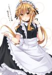  :o apron ascot bangs black_dress blonde_hair blush brown_eyes commentary_request dress eyebrows_visible_through_hair frilled_apron frills hair_between_eyes hair_ornament hairband hairclip head_tilt komori_kuzuyu lolita_hairband long_hair low_ponytail maid maid_apron nao_(kuzuya) original parted_lips ponytail puffy_short_sleeves puffy_sleeves short_sleeves skirt_hold solo translation_request very_long_hair white_apron wrist_cuffs x_hair_ornament yellow_neckwear 