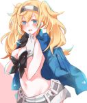  belt blonde_hair blue_eyes blue_shirt blush breasts cleavage collared_shirt commentary cowboy_shot front-tie_top gambier_bay_(kantai_collection) gloves hair_between_eyes hairband kantai_collection large_breasts long_hair looking_at_viewer multicolored multicolored_clothes navel open_clothes open_mouth open_shirt saiko_(saisaka) shirt shorts twintails 