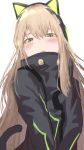  animal_ears bangs blonde_hair blush cat_ear_headphones cat_ears cat_tail close-up coat commentary_request girls_frontline green_eyes hair_between_eyes headphones highres long_hair looking_at_viewer open_mouth sd_bigpie sidelocks simple_background solo tail tail_raised tmp_(girls_frontline) upper_body very_long_hair white_background 