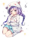  :3 :o =_= alternate_hairstyle animal_hood barefoot blue_eyes blush blush_stickers braid commentary_request gochuumon_wa_usagi_desu_ka? hair_ornament highres hood jacket kafuu_chino long_hair long_sleeves looking_at_viewer purple_hair simple_background sitting sparkle tippy_(gochiusa) twin_braids twintails wariza white_background white_jacket x_hair_ornament you_hashira 