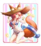  animal_ears arms_up bangle bare_legs barefoot bikini blue_bikini blush bracelet breasts brown_eyes brown_hat cleavage closed_mouth ears_through_headwear fate/grand_order fate_(series) fox_ears fox_tail full_body hands_on_headwear hat head_tilt highres innertube jewelry kneeling long_hair looking_at_viewer medium_breasts multicolored multicolored_stripes navel orange_ribbon ribbon shiosoda shirt short_sleeves side-tie_bikini smile solo stomach straw_hat string_bikini striped striped_background sun_hat swimsuit tail tamamo_(fate)_(all) tamamo_no_mae_(swimsuit_lancer)_(fate) tareme transparent vertical-striped_background vertical_stripes white_shirt 