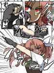  arm_up belt black_gloves black_vest breasts brown_hair collared_shirt commentary_request fingerless_gloves futomashio gloves green_ribbon hair_ribbon highres kagerou_(kantai_collection) kamen_rider kamen_rider_black_(series) kantai_collection long_hair neck_ribbon pose remodel_(kantai_collection) ribbon shaded_face shirt short_sleeves twintails upper_body v-shaped_eyebrows vest white_ribbon white_shirt 