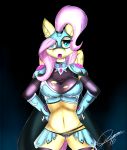  2015 anthro anthrofied armor cape clothing equine feathered_wings feathers female fluttershy_(mlp) friendship_is_magic gamermac hair hair_over_eye helmet hi_res long_hair looking_at_viewer mammal my_little_pony navel open_mouth pegasus pink_hair solo torn_clothing wings yellow_feathers 