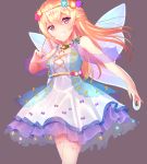  absurdres arcelle bang_dream! bangs blonde_hair blue_flower bow cross-laced_clothes dress eyebrows_visible_through_hair fairy_wings flower flower_necklace grey_background grin hair_between_eyes half_updo head_wreath highres jewelry long_hair looking_at_viewer necklace orange_flower pink_flower purple_bow purple_flower red_eyes shirasagi_chisato simple_background smile solo wings yellow_bow yellow_flower 