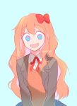  :d alternate_hairstyle artist_name blue_background blue_eyes bow doki_doki_literature_club gradient gradient_background green_background hair_bow long_hair looking_at_viewer open_mouth orange_hair qii_namii red_bow sayori_(doki_doki_literature_club) school_uniform simple_background smile solo upper_body wavy_mouth 