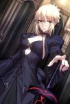 artoria_pendragon_(all) bangs black_dress black_ribbon blonde_hair braid breasts cleavage closed_mouth commentary dark_excalibur dress expressionless fate/stay_night fate_(series) french_braid hair_between_eyes highres juliet_sleeves long_sleeves looking_at_viewer medium_breasts pale_skin puffy_sleeves ribbon saber_alter shiguru solo sword weapon wide_sleeves yellow_eyes 