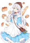  apron bag bangs blush blustone bow bowtie bracelet bread croissant dress explosive eyebrows_visible_through_hair food frilled_apron frilled_dress frills grenade headdress highres holding jewelry ladle long_hair looking_at_viewer melon_bread open_mouth ronopu round_teeth short_sleeves shoulder_bag silver_hair simple_background solo standing star striped striped_neckwear teeth tyltyl_(blustone) white_apron white_background 