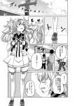  aircraft airplane alternate_breast_size backpack bag comic gambier_bay_(kantai_collection) greyscale hair_between_eyes hairband kantai_collection long_hair monochrome sailor_collar shino_(ponjiyuusu) suitcase thighhighs translated twintails 