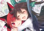  ;3 animal_ears black_bow black_wings blush bow braid brown_hair cat_ears close-up closed_eyes feathered_wings green_bow hair_between_eyes hair_bow happy heart highres hug kaenbyou_rin long_hair long_sleeves multiple_girls open_mouth red_eyes red_hair reiuji_utsuho shirt smile touhou toutenkou twin_braids upper_body white_shirt wings 