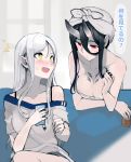  2girls bare_arms bare_shoulders battleship_hime battleship_summer_hime black_hair blush bra_strap breasts can cellphone cleavage collarbone commentary couch embarrassed hair_between_eyes hair_twirling hand_in_hair holding holding_can holding_phone horns indoors kantai_collection large_breasts leaning leaning_forward leaning_on_object light long_hair looking_at_another medium_breasts multiple_girls naked_towel nose_blush oni_horns open_mouth pale_skin phone red_eyes shinkaisei-kan short_sleeves sidelocks sitting smartphone speech_bubble standing strap_slip surprised ta-class_battleship tareme thighs towel towel_on_head translated walzrj white_hair window yellow_eyes 
