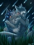  2016 akino-kamihara anthro blue_fur blue_hair blush canine duo eye_contact fur grass hair lotus_position male male/male mammal night nude open_mouth orange_eyes outside saliva saliva_string sex shooting_star sitting sky star tongue tongue_out white_fur wolf 
