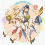 1boy 1girl alfonse_(fire_emblem) alternate_costume animal_ears blonde_hair blue_eyes blue_hair blush boots bow breasts brother_and_sister bunny_ears cleavage covered_navel egg fire_emblem fire_emblem_heroes flower green_eyes kyufe leaf long_hair multicolored_hair one_eye_closed open_mouth pink_hair ponytail sharena siblings thighhighs two-tone_hair 