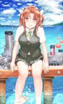  ahoge bike_shorts blush breasts buttons cloud commentary_request day hair_ribbon highres kagerou_(kantai_collection) kantai_collection legs looking_at_viewer neck_ribbon ocean remodel_(kantai_collection) ribbon rigging sabakuomoto school_uniform shirt short_hair short_sleeves skirt smokestack solo splashing torpedo torpedo_tubes turret twintails undershirt vest wet wet_clothes white_shirt 