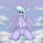  blue_hair bow cloud equine feathered_wings feathers female feral flitter_(mlp) friendship_is_magic fur hair hair_bow hair_ribbon hi_res hooves kneeling long_hair looking_at_viewer mammal my_little_pony outside pegasus pink_eyes purple_feathers purple_fur pussy ribbons sky smile solo staggeredline wings 