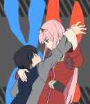  1girl black_hair blue_eyes commentary_request couple darling_in_the_franxx green_eyes highres hiro_(darling_in_the_franxx) horns hug long_hair long_sleeves looking_at_another military military_uniform oni_horns pink_hair triangle_bullet uniform zero_two_(darling_in_the_franxx) 