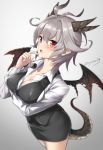  :o antenna_hair arm_under_breasts artist_name bangs black_vest blurry blush breast_hold breasts cleavage collared_shirt cowboy_shot depth_of_field dragon_girl dragon_horns dragon_tail dragon_wings eyebrows_visible_through_hair fate/grand_order fate_(series) finger_to_mouth genderswap genderswap_(mtf) gradient gradient_background grey_background hair_between_eyes hand_up horns large_breasts open_mouth pencil_skirt shiny shiny_hair shirt sieg_(fate/apocrypha) skirt solo standing tail tyone vest white_shirt wing_collar wings 