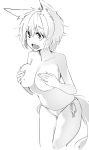  animal_ears bangs bikini_bottom breasts covering covering_breasts cowboy_shot eyebrows_visible_through_hair fang greyscale inubashiri_momiji kamukamu_(ars) large_breasts leaning_forward messy_hair monochrome navel open_mouth short_hair side-tie_bottom simple_background skindentation solo standing sweatdrop tail topless touhou white_background wolf_ears wolf_girl wolf_tail 