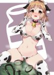  animal_ears animal_print bare_shoulders bell bell_collar bikini breasts collar commentary_request cow_bell cow_ears cow_girl cow_horns cow_print elbow_gloves fingerless_gloves gloves hair_ornament hairclip highres horns kuro_mushi lactation large_breasts light_brown_hair looking_at_viewer milking_machine navel open_mouth orange_eyes print_bikini pussy_juice senki_zesshou_symphogear shiny shiny_hair shiny_skin short_hair sitting skindentation smile solo spread_legs strap_pull sweat swimsuit tachibana_hibiki_(symphogear) thighhighs underboob 