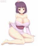  artist_name bangs bare_shoulders barefoot blunt_bangs blush breasts cleavage clothes_lift come_hither detached_sleeves eyebrows_visible_through_hair flower full_body hair_flower hair_ornament huge_breasts japanese_clothes kainkout kimono kimono_lift legs lifted_by_self looking_at_viewer no_panties obi original purple_eyes purple_hair sash seductive_smile short_hair sitting smile solo thighs yokozuwari 