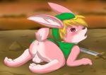 anthro anus balls blonde_hair bottomless clothed clothing fur hair hat hitsunekun lagomorph link link_(rabbit_form) looking_at_viewer looking_back male mammal nintendo open_mouth partially_clothed paws penis pink_fur presenting rabbit solo the_legend_of_zelda video_games 