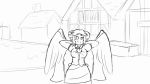  alac animated animated_gif bouncing_breasts breasts cape chimney commentary exercise greyscale hair_ribbon house long_hair monochrome reiuji_utsuho ribbon sit-up smile solo touhou very_long_hair wings 