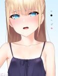  bangs bare_shoulders blonde_hair blue_background blue_camisole blue_eyes blush camisole collarbone eyebrows_visible_through_hair flat_chest gradient gradient_background kanzaki_muyu long_hair looking_at_viewer open_mouth original solo 