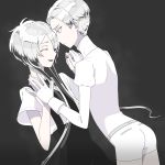  androgynous cairngorm_(houseki_no_kuni) closed_eyes colored_eyelashes dark_background face-to-face gem_uniform_(houseki_no_kuni) ghost_quartz_(houseki_no_kuni) gloves hair_over_one_eye hat0g0han highres holding_hands houseki_no_kuni looking_at_another multicolored_hair multiple_others necktie protected_link short_hair short_hair_with_long_locks sidelocks silver_eyes silver_hair smile sparkle suspenders time_paradox white_hair 