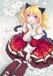  :d animal_ears bad_id bad_pixiv_id bangs black_legwear blonde_hair blush capelet cat_(trickster) cat_ears cat_girl cat_tail commentary_request dress eyebrows_visible_through_hair fang hair_between_eyes levka long_hair long_sleeves open_mouth pantyhose purple_eyes red_dress sidelocks sitting smile solo sparkle tail trickster two_side_up white_capelet 