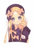  :t abigail_williams_(fate/grand_order) aiee bangs black_bow black_dress black_hat blonde_hair blue_eyes blush bow bug butterfly cake chair closed_mouth commentary_request dress eating fate/grand_order fate_(series) food food_on_face forehead fork hair_bow hat head_tilt highres holding holding_fork insect long_hair long_sleeves looking_at_viewer on_chair orange_bow parted_bangs polka_dot polka_dot_bow simple_background sitting sleeves_past_fingers sleeves_past_wrists slice_of_cake solo very_long_hair wavy_mouth white_background 