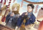  ;( black_gloves black_hair blonde_hair blue_sky breath carminar closed_eyes cowboy_shot day dutch_angle facing_viewer fingerless_gloves gloves hair_ornament hands_together hatsumoude japanese_clothes lantern male_focus multiple_boys new_year otabek_altin outdoors paper_lantern rope scarf shimenawa shrine sky standing torii x_hair_ornament yuri!!!_on_ice yuri_plisetsky 