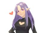  alternate_eye_color alternate_hair_color breasts caster cleavage cleavage_cutout commentary_request fate/grand_order fate_(series) head_tilt heart heart_cutout highres large_breasts long_hair looking_at_viewer pointy_ears purple_eyes purple_hair shu_guang_[a_lie] simple_background solo white_background 