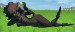  2018 anthro areola breasts brown_fur caprine curly_hair digital_media_(artwork) eyelashes eyeshadow female food fruit fur grass green_eyes hair hooves looking_at_viewer lying makeup mammal multicolored_fur navel neboone nipples nude on_side outside pear pubes pussy sabine_(acino) sheep simple_background sky smile solo two_tone_fur 