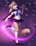  2018 abluedeer anthro blue_eyes breasts canine cape clothed clothing digital_media_(artwork) dipstick_tail dog female footwear legwear magic magic_wand mammal midriff miniskirt multicolored_tail navel shoes simple_background skirt smile socks solo 