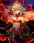  armor clarent commentary_request detached_collar detached_sleeves eyebrows_visible_through_hair fate/apocrypha fate_(series) green_eyes looking_at_viewer mordred_(fate) mordred_(fate)_(all) navel over_shoulder redrop smug solo standing stomach strapless tubetop weapon weapon_over_shoulder 